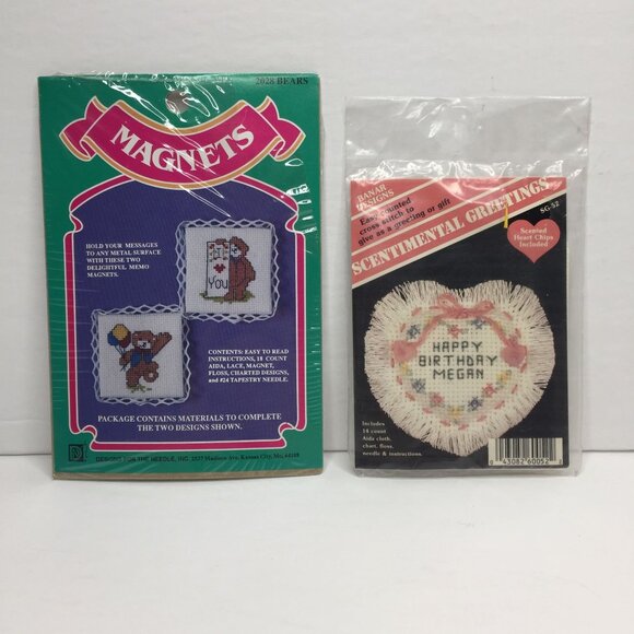 Vintage 80s Set 2 Cross Stitch Kit Magnets Scentimental Greetings Happy Birthday - Picture 1 of 7